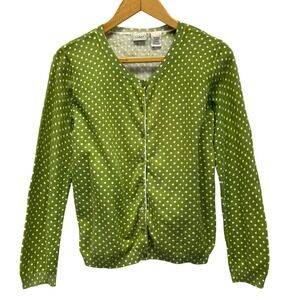 VTG Y2K LLBean Womens Green White Polka Dot Cotton Cardigan Sweater Size L 14 16